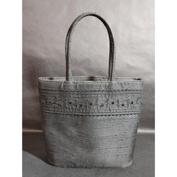 Ann Taylor Gray Silk Embroidered Handbag Tote With Dual Handles 9" Tall - Picture 1 of 5